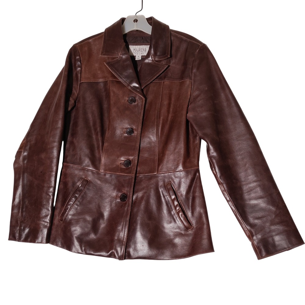 Wilsons Leather Maxima Brown Leather Button Front Blazer Jacket Womens Sz Small